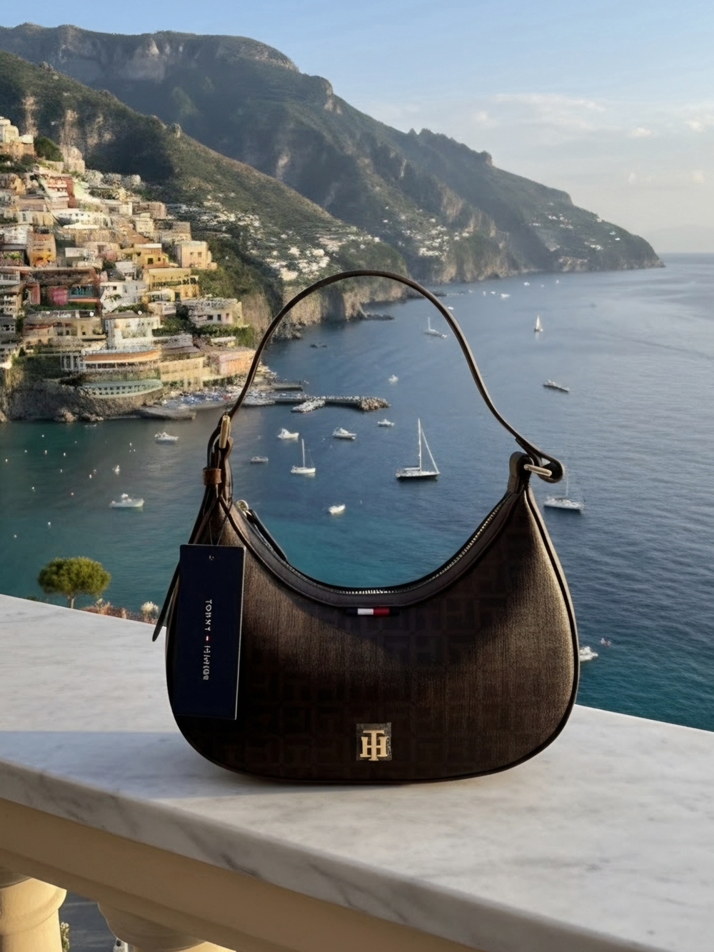 Tommy Hilfiger Brown Crescent Shoulder Bag with Logo Plaque